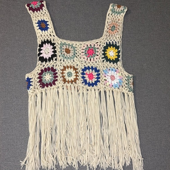 The Unbranded Brand Dresses & Skirts - Y2K Crochet Granny Square‎ Fringe Crop Top Boho Festival Hippie Knit Vest Small